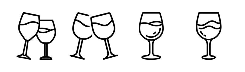 Four simple line drawings of wine glasses clinking and standing alone