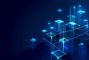 Glowing Blue Interlocking Blockchain Cubes and Data Connection Background.