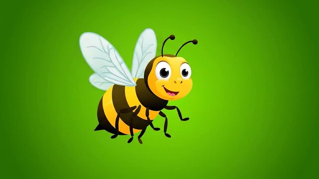 A cartoon bee with yellow and black stripes, smiling, set against a green gradient background