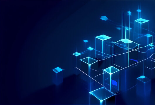 Glowing Blue Interlocking Blockchain Cubes and Data Connection Background.