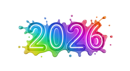 Colorful 2026 neon numbers splash isolated on transparent background