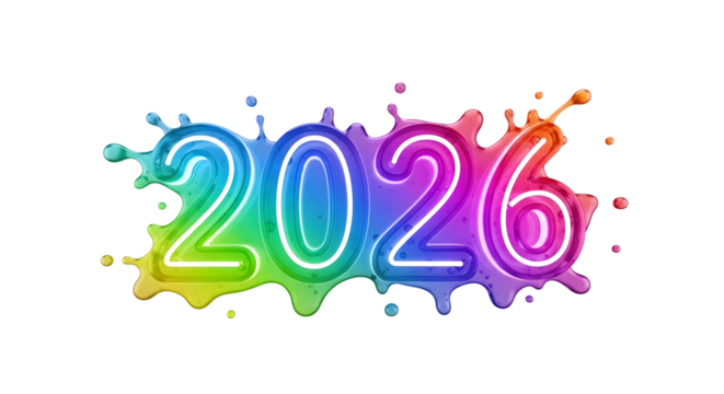 Colorful 2026 neon numbers splash isolated on transparent background
