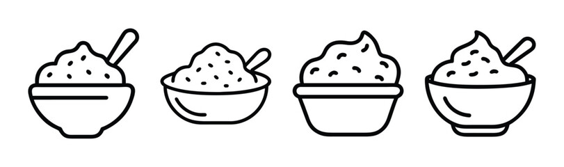 Four simple line art icons of mashed potatoes in bowls with spoons