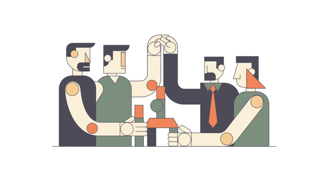 Constructing stability, geometric human figures collaborating to build a cohesive structure