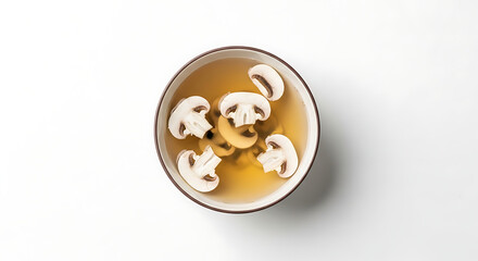 Obraz premium Bowl of mushroom soup with mushroom slices, top view on a white background, culinary delight