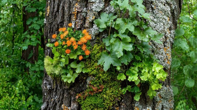 Lush Greenery and Vibrant Orange Flowers on Textured Tree Bark