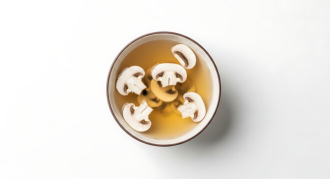 Bowl of mushroom soup with mushroom slices, top view on a white background, culinary delight