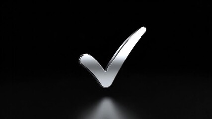 A sleek, 3D rendered silver checkmark floats against a black background with soft lighting