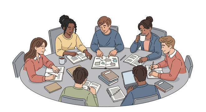 Diverse group brainstorming ideas at round table, fostering teamwork and innovation, driving - Powered by Adobe