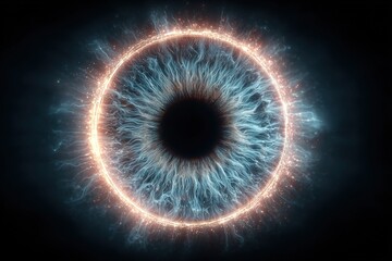 Radiant human eye with glowing iris and blue golden electric energy ring