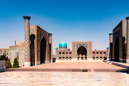 Samarkand, Uzbekistan - Sep 09, 2025: Po-i-Kalan, or Poi Kalan, is an Islamic religious complex located in Bukhara, Uzbekistan. The complex consists of three parts, the Kalan Mosque, the Kalan Minaret