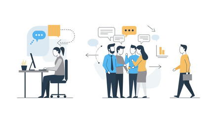 Fototapeta premium Illustrative depiction of modern office dynamics with emphasis on collaboration and individual