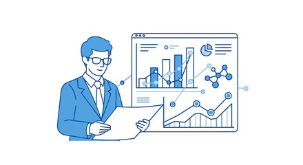 Professional data analyst illustration reviewing financial reports and analytical charts