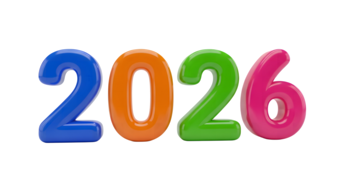Colorful 3d numbers 2026 isolated on transparent background