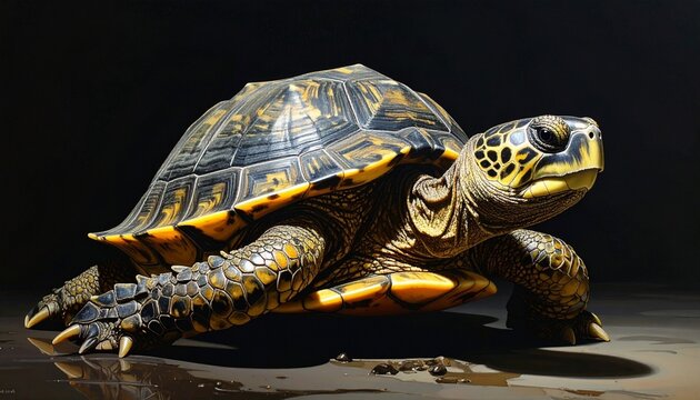 Close-up of turtle with vibrant yellow, orange, and black shell markings—posed alertly on reflective dark surface against black background, symbolizing resilience, pattern, and reptilian grace.