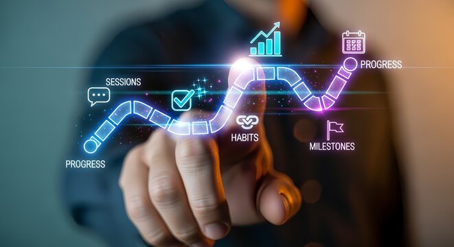 Person touching a digital interface displaying a progress roadmap with milestones icons - Powered by Adobe