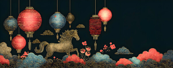 Chinese New Year Horse Banner Modern Line Art Black