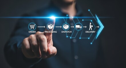 Man pointing at digital interface showing order packaging dispatch and delivery icons