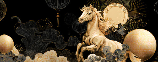 Chinese New Year Horse Banner Modern Line Art Black