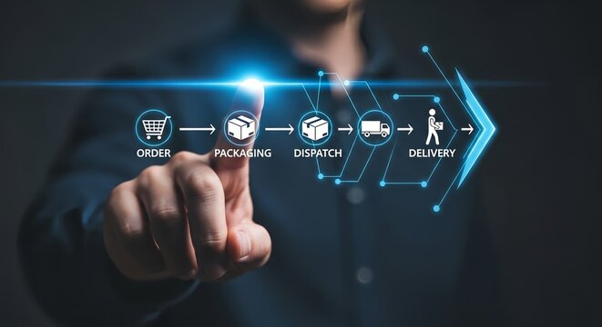 Man pointing at digital interface showing order packaging dispatch and delivery icons