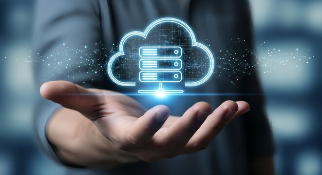 A person holding a glowing cloud server icon in their hand with a blurred background