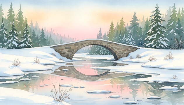 Stone bridge over frozen river