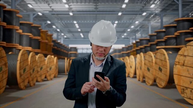 Front View of Asian Businessman Use Smartphone While Walking In Cable Coils Warehouse