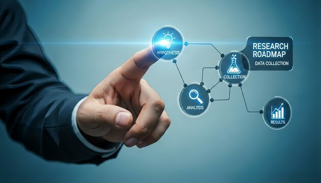 Hand interacting with glowing research roadmap interface on a blue background