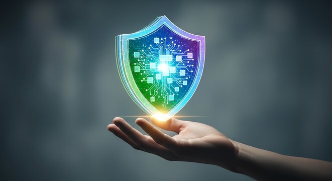 Hand holding a digital shield with circuit board design against a blurred background