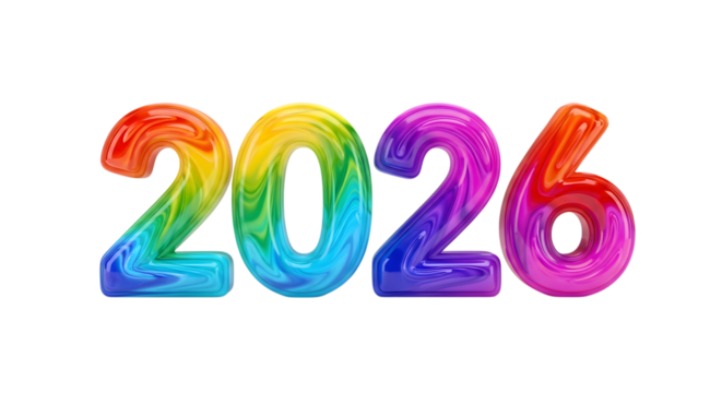 Colorful 2026 numbers isolated on transparent background