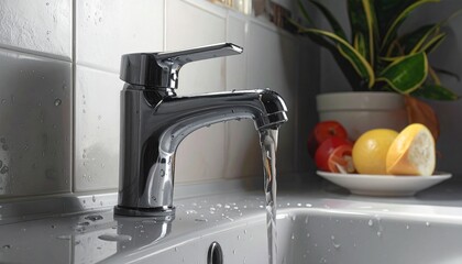 Close-up of modern chrome faucet with water flowing into sink, white tiled background, sliced citrus fruits and leafy greens nearby—symbolizing freshness, hygiene, and kitchen clarity.