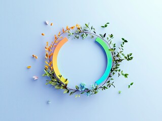 A circular wreath made of green leaves, autumn leaves, and small blue flowers encircles a gradient ring, representing the cycle of seasons.