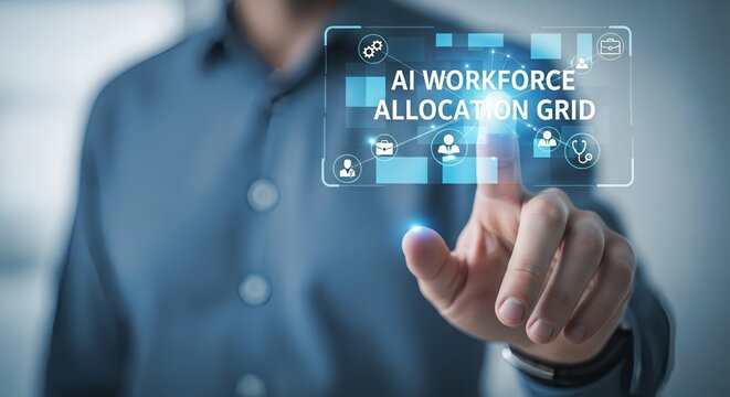 Man in blue shirt touching ai workforce allocation grid on a transparent screen