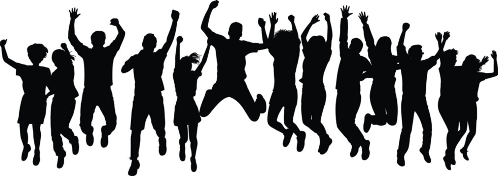 Group silhouette of joyful people jumping together in celebration, energetic crowd teamwork unity concept, expressive jump illustration