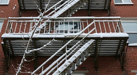 Snow-covered fire escape stairs on a red brick building with a tree branch