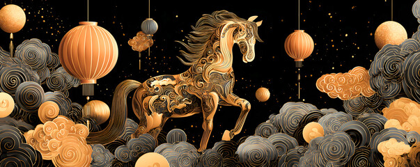 Chinese New Year Horse Banner Modern Line Art Black