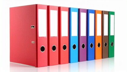 Row of eleven upright ring binders in assorted colors—red, green, blue, black, purple—each with white spine label and metal ring, symbolizing office organization, archiving, and structured memory.