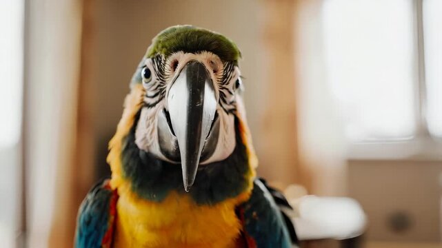 Stunning Close-Up of a Colorful Parrot Showcasing Its Vibrant Feathers and Expressive Features in a Warm Interior Setting