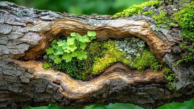 Green Moss and Fern Growth on Tree Bark with Textured Surface
