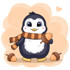 Cute cartoon Penguin with acorns. Autumn Vector illustration of animal on orange background.