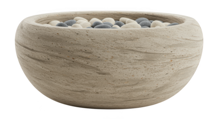 Textured stone pot filled with pebbles isolated on transparent background