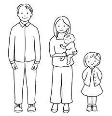 Illustration of a father, mother, daughter, and baby. Drawing.