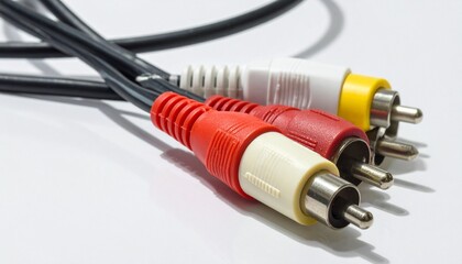 Three RCA connectors—red, white, and yellow—lying on white surface, attached to black cables. Symbolizing analog audio/video transmission, retro tech, and tactile connection systems.