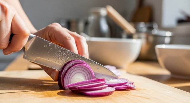 Slicing a red onion on a wooden cutting board with a knife.