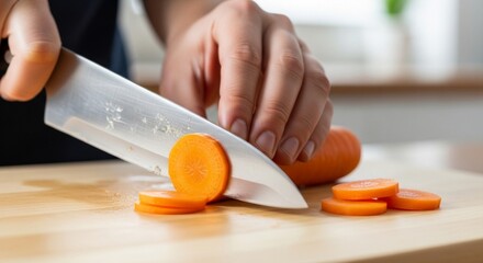 Slicing carrots with a knife on a wooden cutting board.