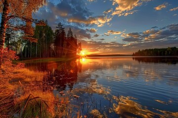 Naklejka premium Tranquil sunset over calm lake reflects surrounding forests. Warm colors contrast with cool sky, creating peaceful atmosphere. Neural network AI generated