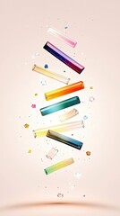 A cascade of translucent, colorful glass rods and geometric crystal shapes suspended in mid-air against a soft, gradient pink background.