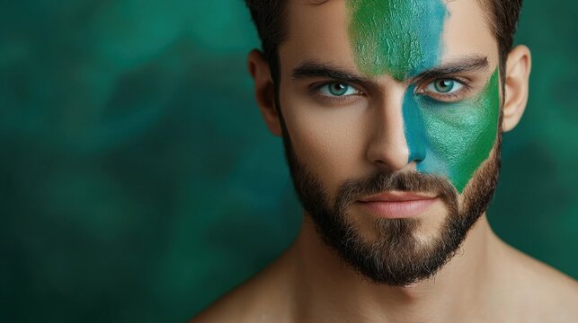Young man with artistic face paint and intense expression close-up