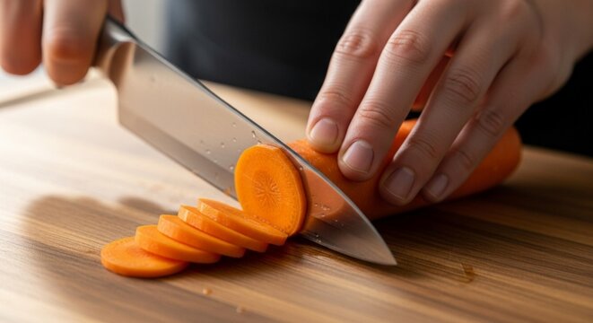 Close-up of hands slicing a carrot on a wooden cutting board with a sharp knife.