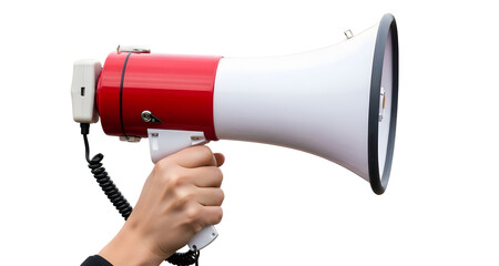 Hand Holding Red and White Megaphone Loudspeaker for Announcements